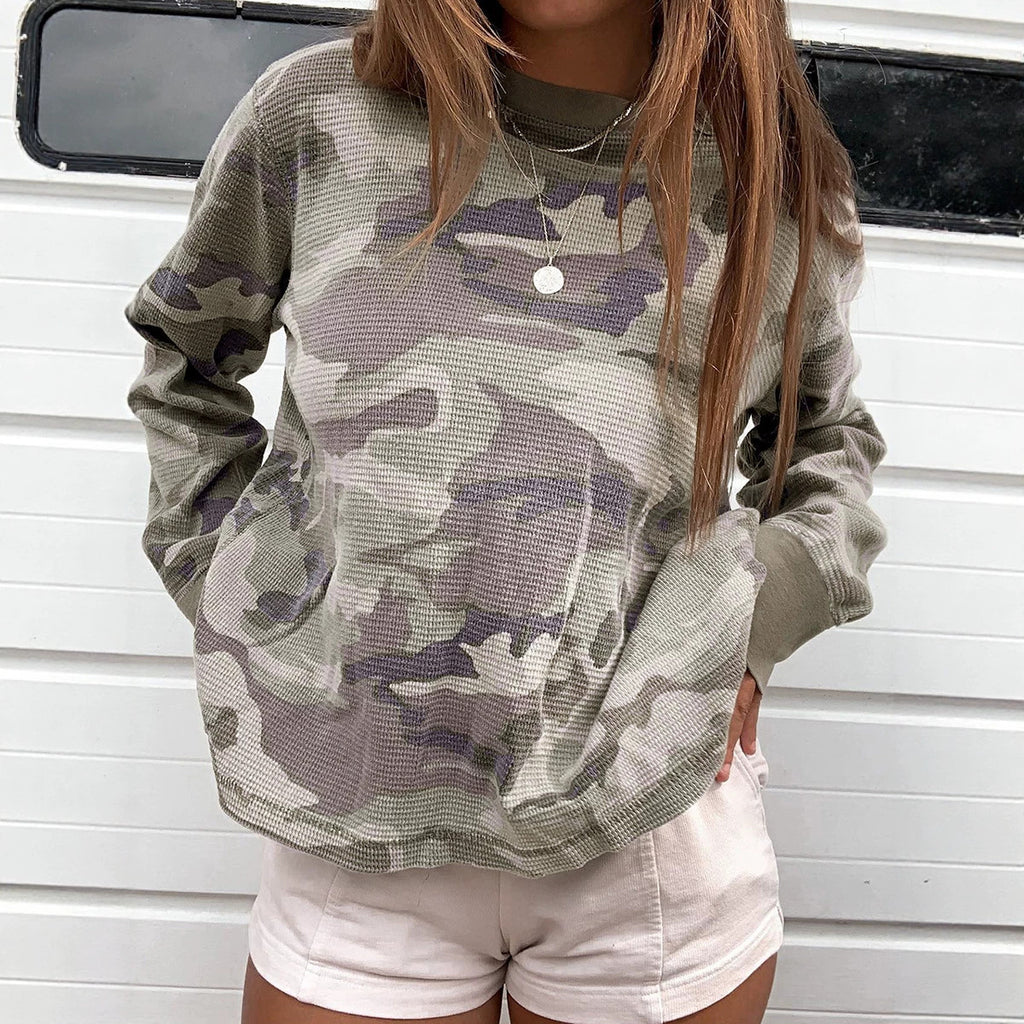 Femmes Camouflage-print Texturé Manches longues Top
