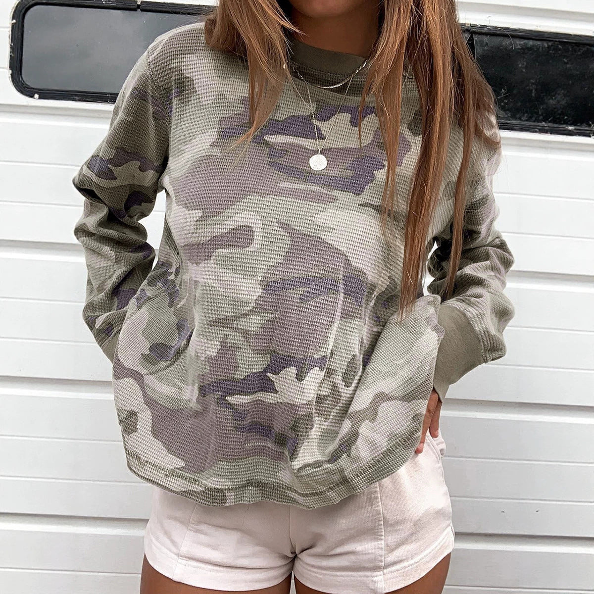 Femmes Camouflage-print Texturé Manches longues Top