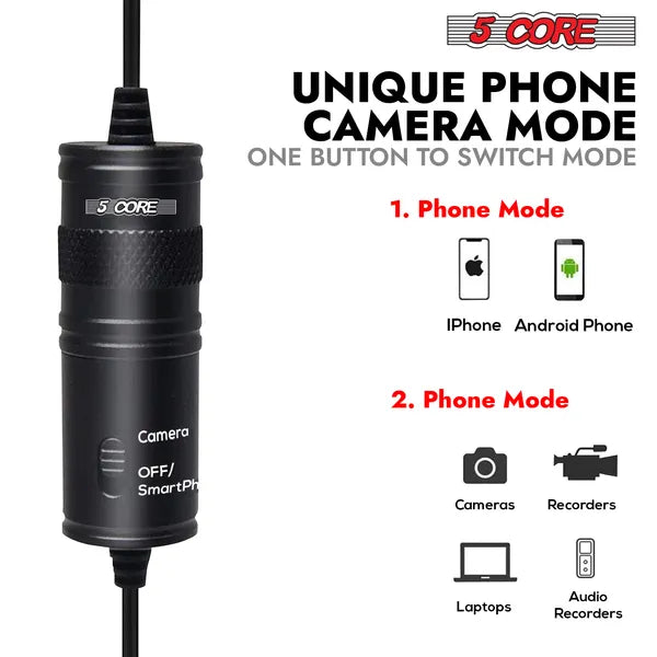 5 Core Professional omnidirectionnel Lavalier Microphone 3,5mm Clip-On Lapel Mic pour Smartp