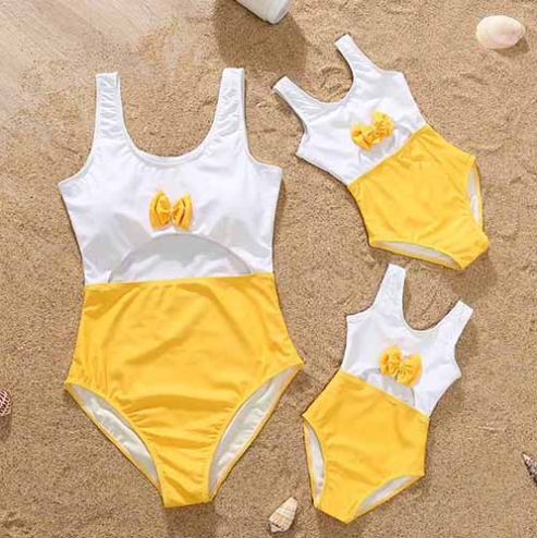 Maillot de bain parent-enfant Maternelle-fille Robe Couleur Solide Col V Une pièce
