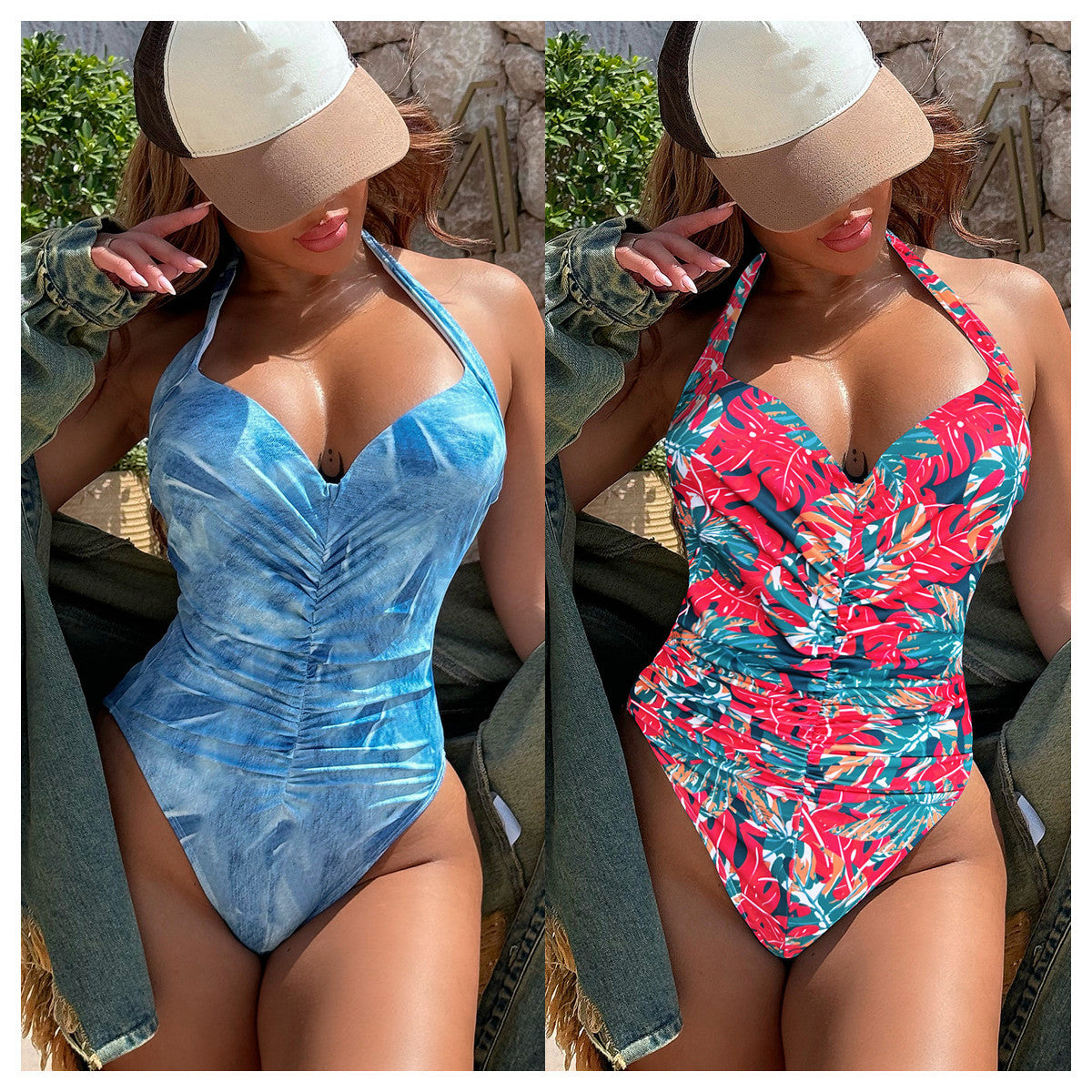Imprimé Pléiné col haltère Une pièce maillot de bain Bikini