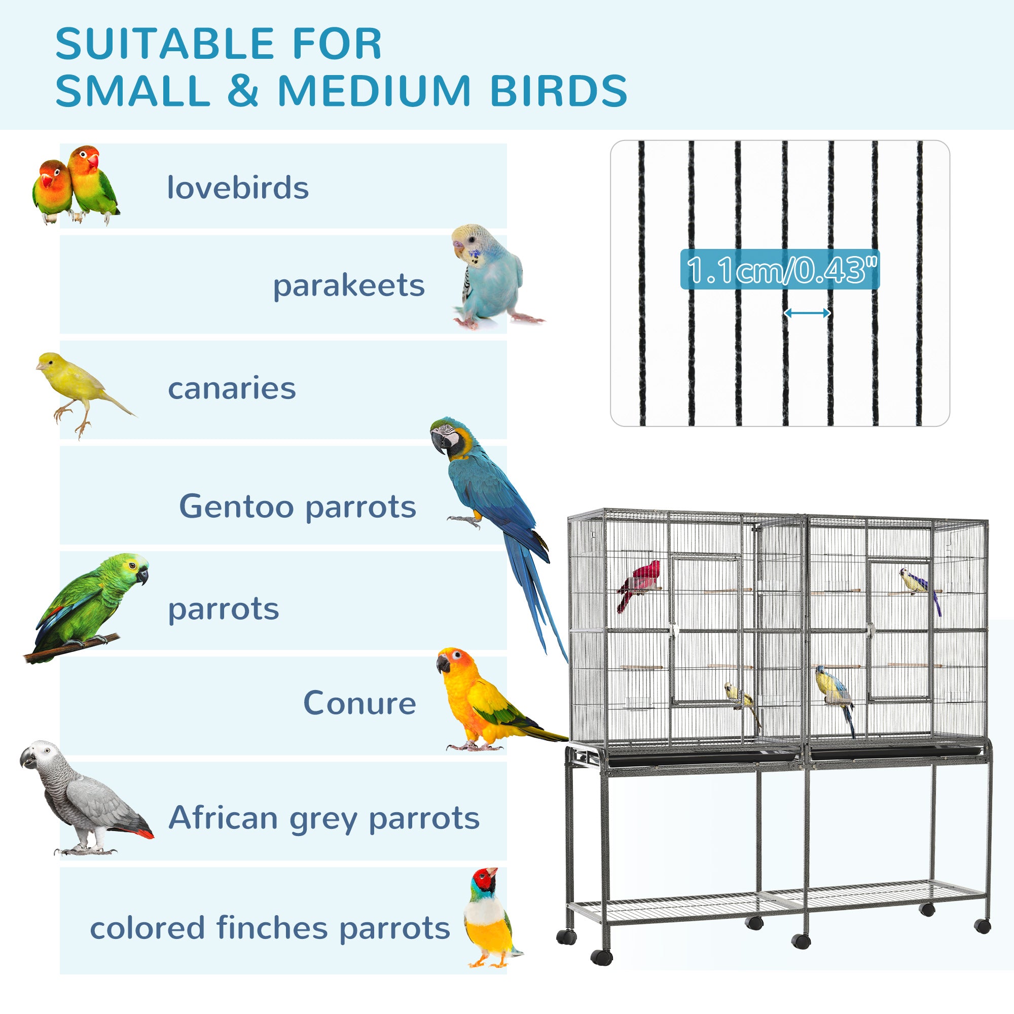 Cage d'oiseau de 65"L avec plateau de stockage Perchoir en bois Contenant alimentaire