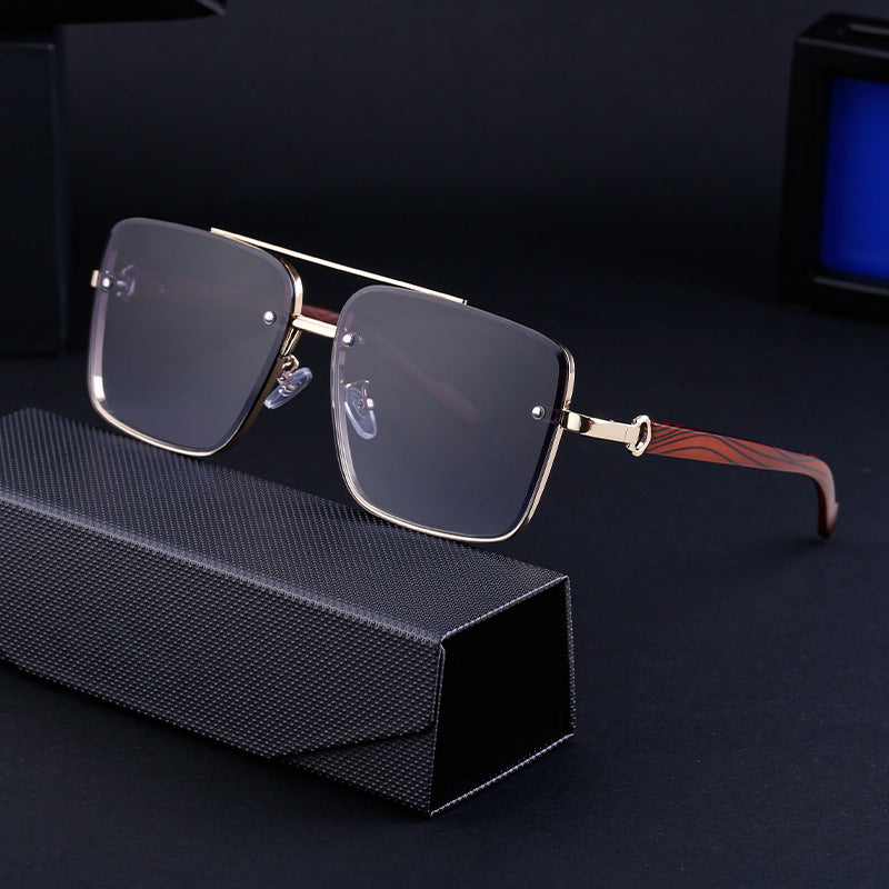 Lunettes de soleil à cadre carré Coupe Edge Men's Imitation Wood Grain Temples Lunettes de soleil Men's Trend