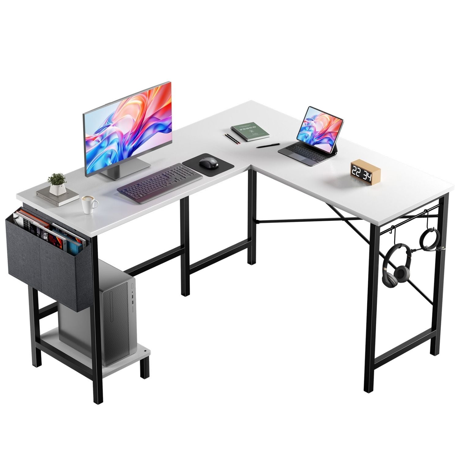 L Bureau d'ordinateur en forme avec sac de rangement et porte CPU