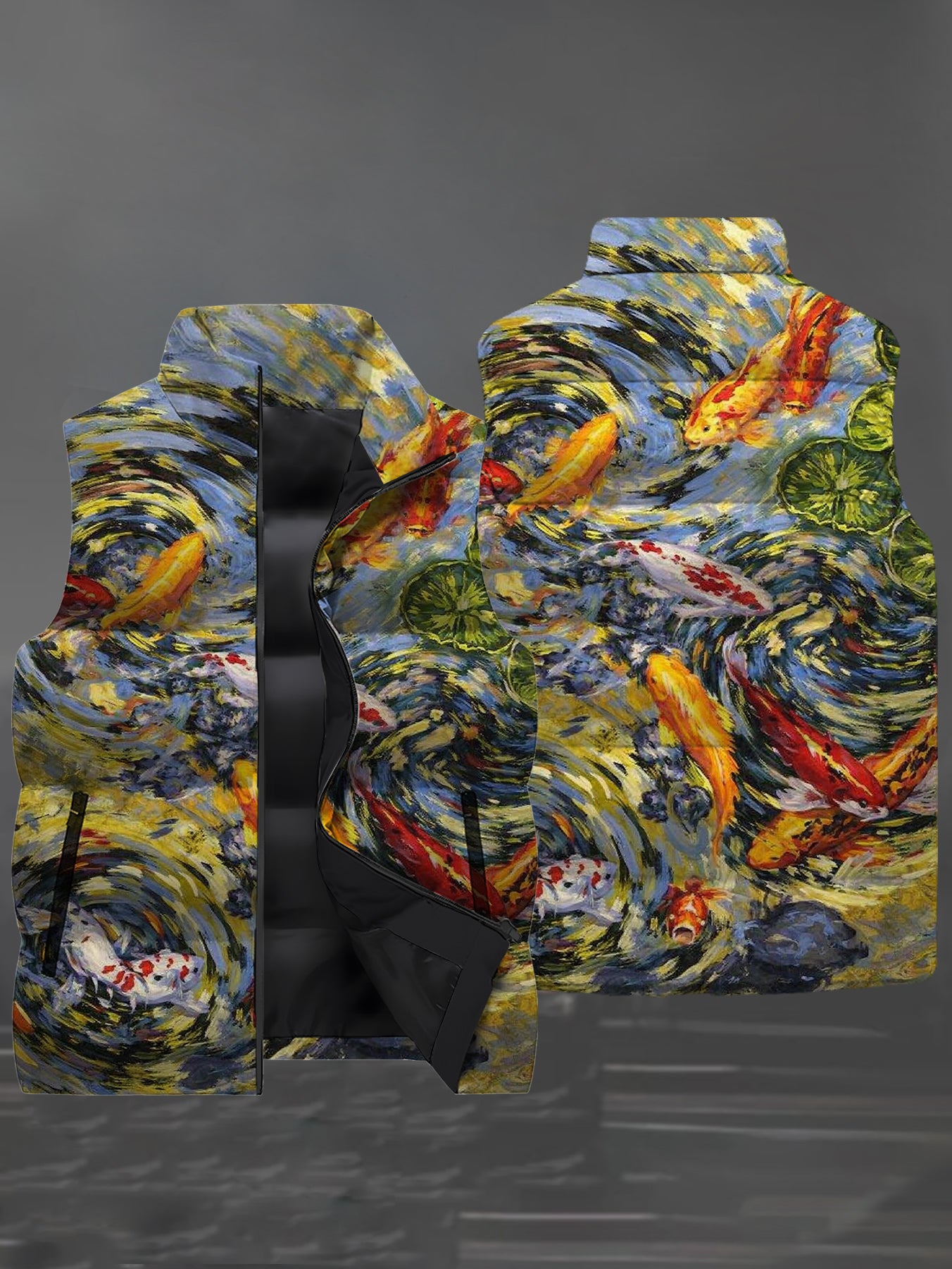Homme 3D All Over Imprimer Puffer Vest Van Gogh Style Koi peinture à l'huile de poisson sans manches