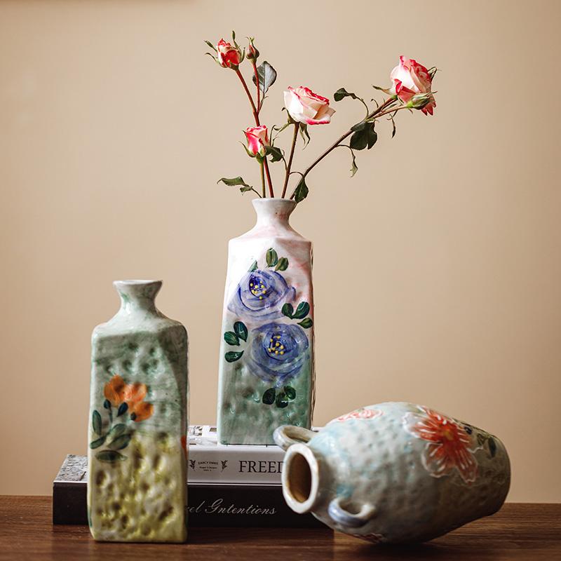 Céramique peinte à la main Vase de céramique Creative Flower Arrangement Square Flower Living Room