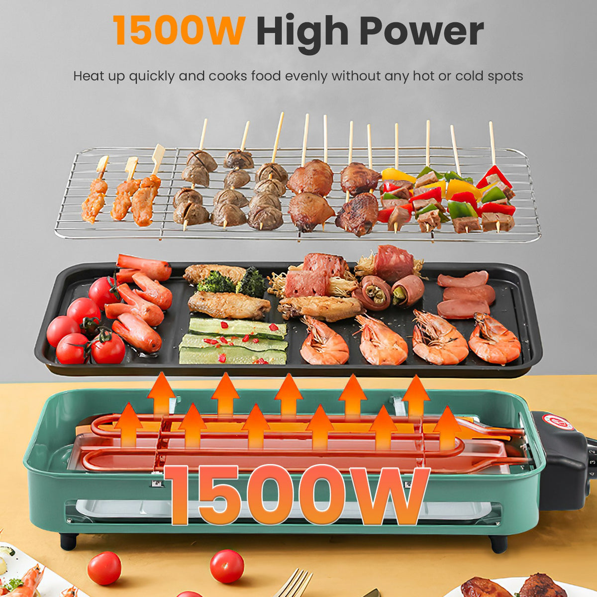 1500W Grill intérieur électrique 2 en 1 BBQ électrique Gill avec grille Net plaque amovible 5 Temp