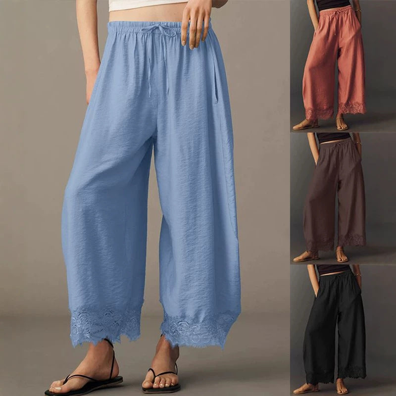 Women's Lace Paneled Wide-Leg Pants with a Burnt Hem