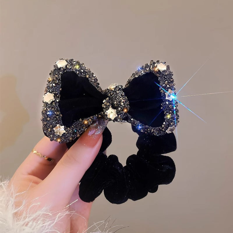 Red Velvet Strass Scrunchie avec un style de corde Bowwomens Cheveux Accessoire