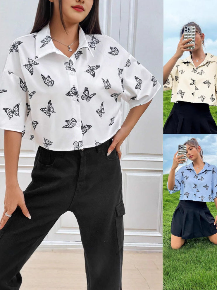 Vêtements pour femmes Amazon TEMU Mode Imprimé Niche à manches courtes Imprimé Butterfly Shirt W