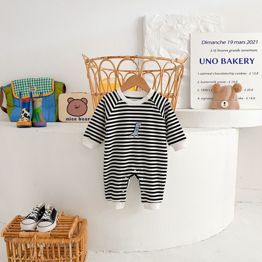 Springautumn Arrivée Stripped Dinosaur-broidered bébé Romper Pour 0 2 ans