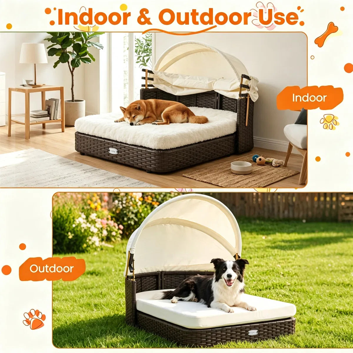 Lit de chien en rotin avec canopie réglable