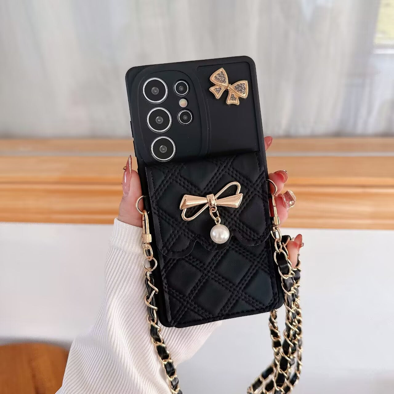 Applicable au boîtier de téléphone S25Ultra Pearl Butterfly Rhombus Porte carte Case de téléphone