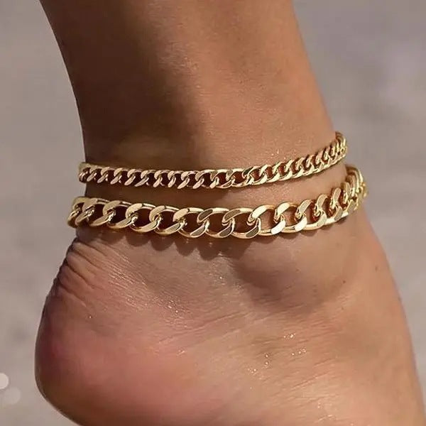 Bijoux de pied à double couche empilables en acier inoxydable à chaîne cubaine