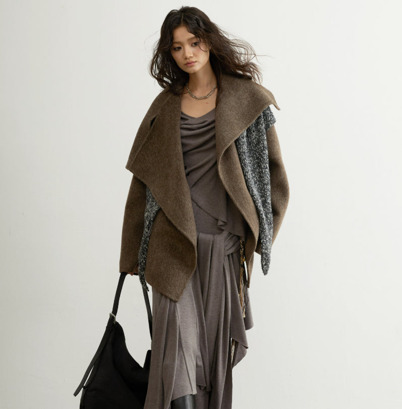 Style nomade Ebony Brown Manteau de laine à double face fabriqué à la main