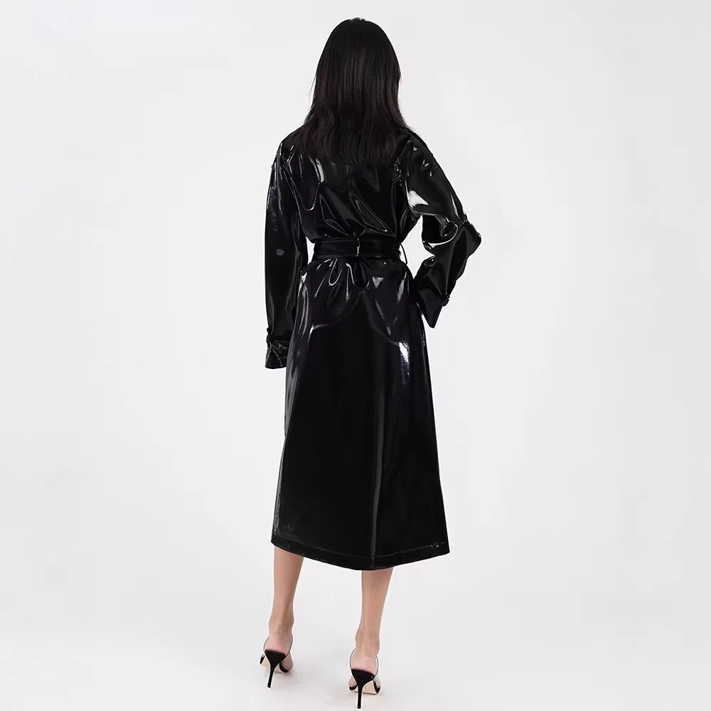 Femmes miroir-look cuir mode boîte de nuit longue tranchée manteau veste