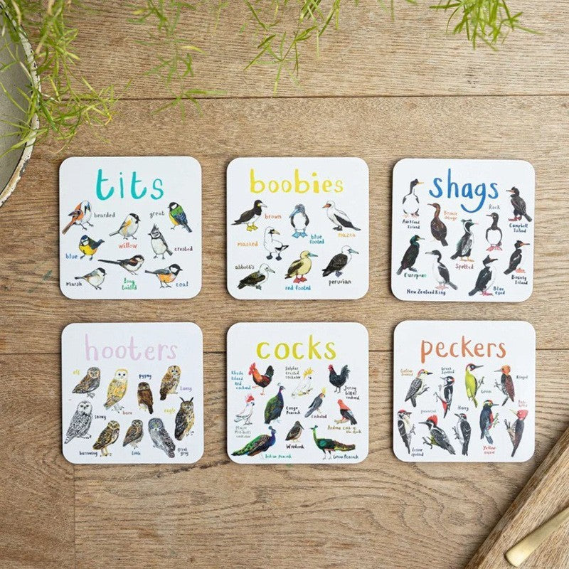 Sous-verres de pun d'oiseau Fun Square Boissons sous-verre pour enfants Tapis de coupe en bois et PVC Accueil Kitch