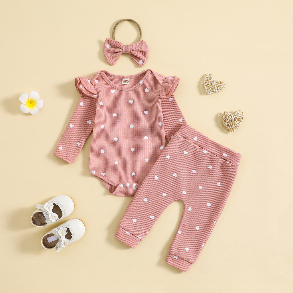 Printemps et automne Suit Heart Printing Waffle Sweat à manches longues Pantalon Pantalon Bande de cheveux Trois