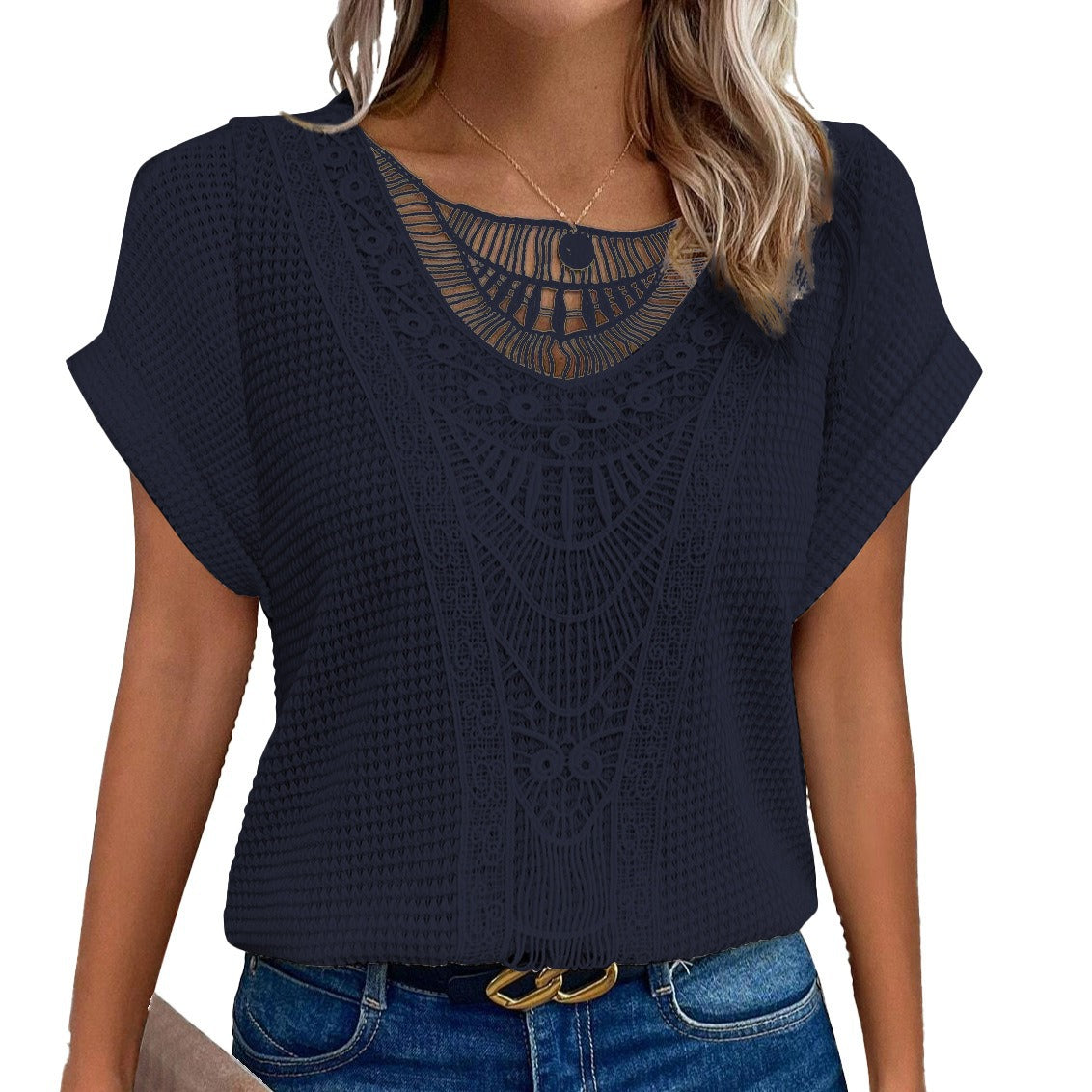 T-shirt européen et américain de printemps et d'été en dentelle à manches courtes