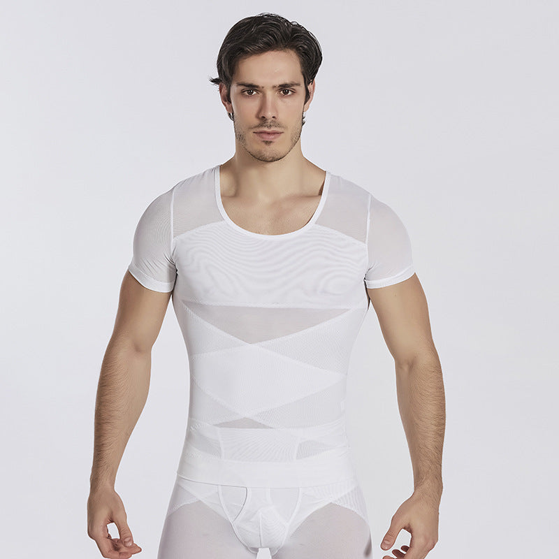 Amazon European and American Men's Shaper Cross Abdominal Shaped Invisible Tunic Short Sle