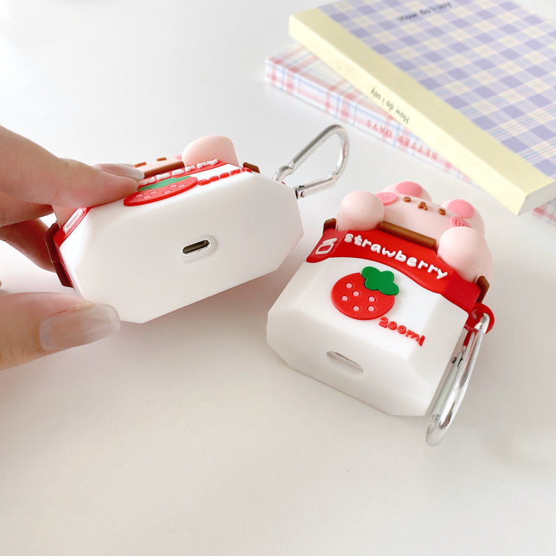 Coffret d'écouteur sans fil de lait de fraise mignon Silicone