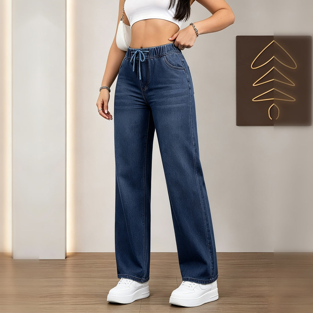 Laver sombre des femmes Drawstring élastique taille large jambes Jeans