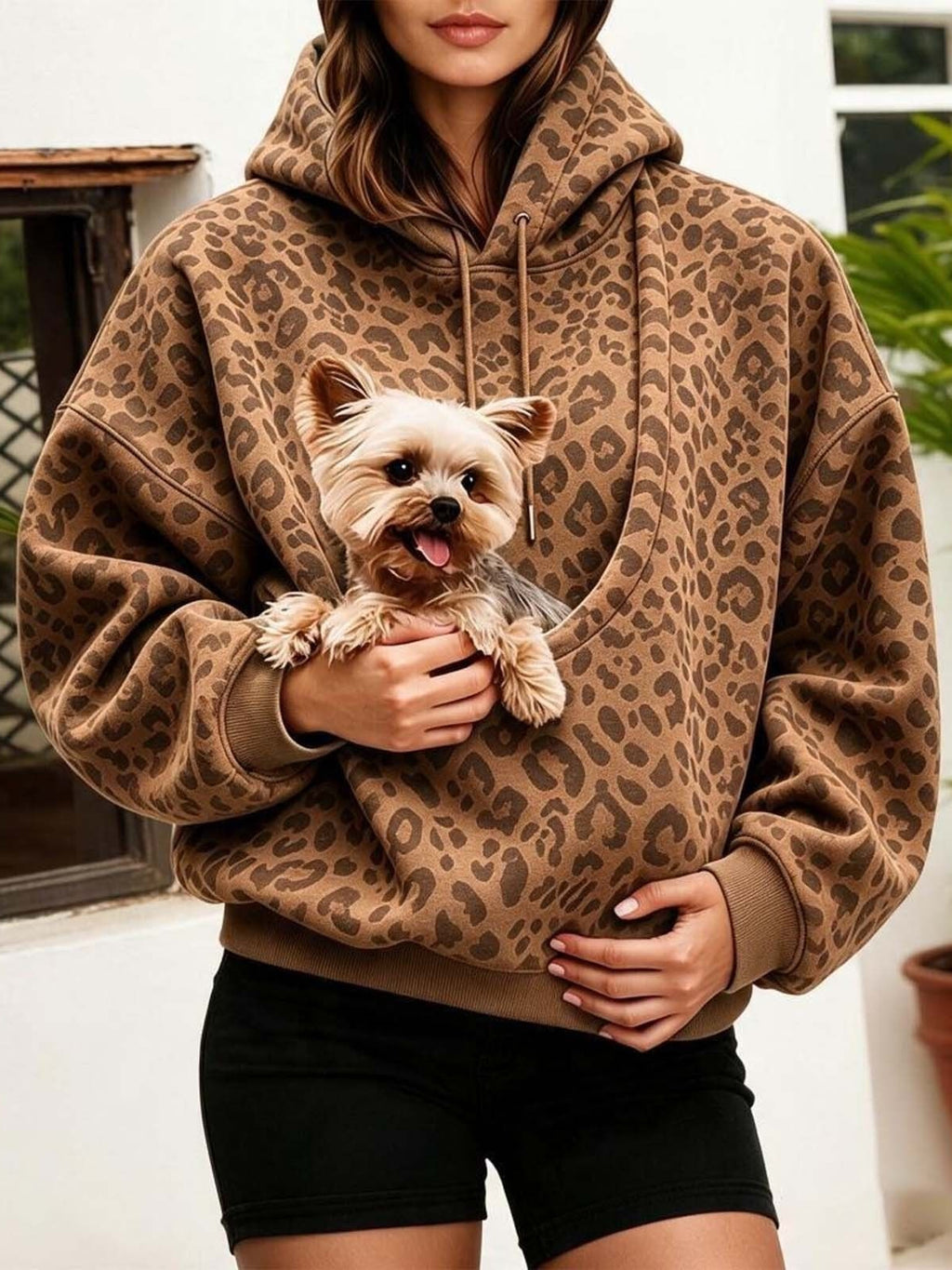Autumn European and American Leopard Print Pet Hoooded Oversized Drawstring Pu à manches longues