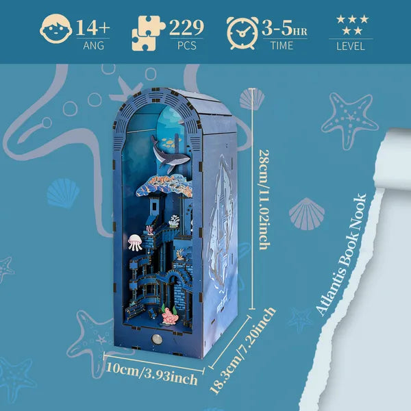 Puzzle en bois 3d pour adultes Atlantis Livre Nook avec lumières Modèle Kit Dollhouse DIY Miniatu