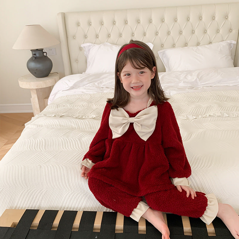 Coral Velvet Princess Little Girl Home Service Deux-pièces