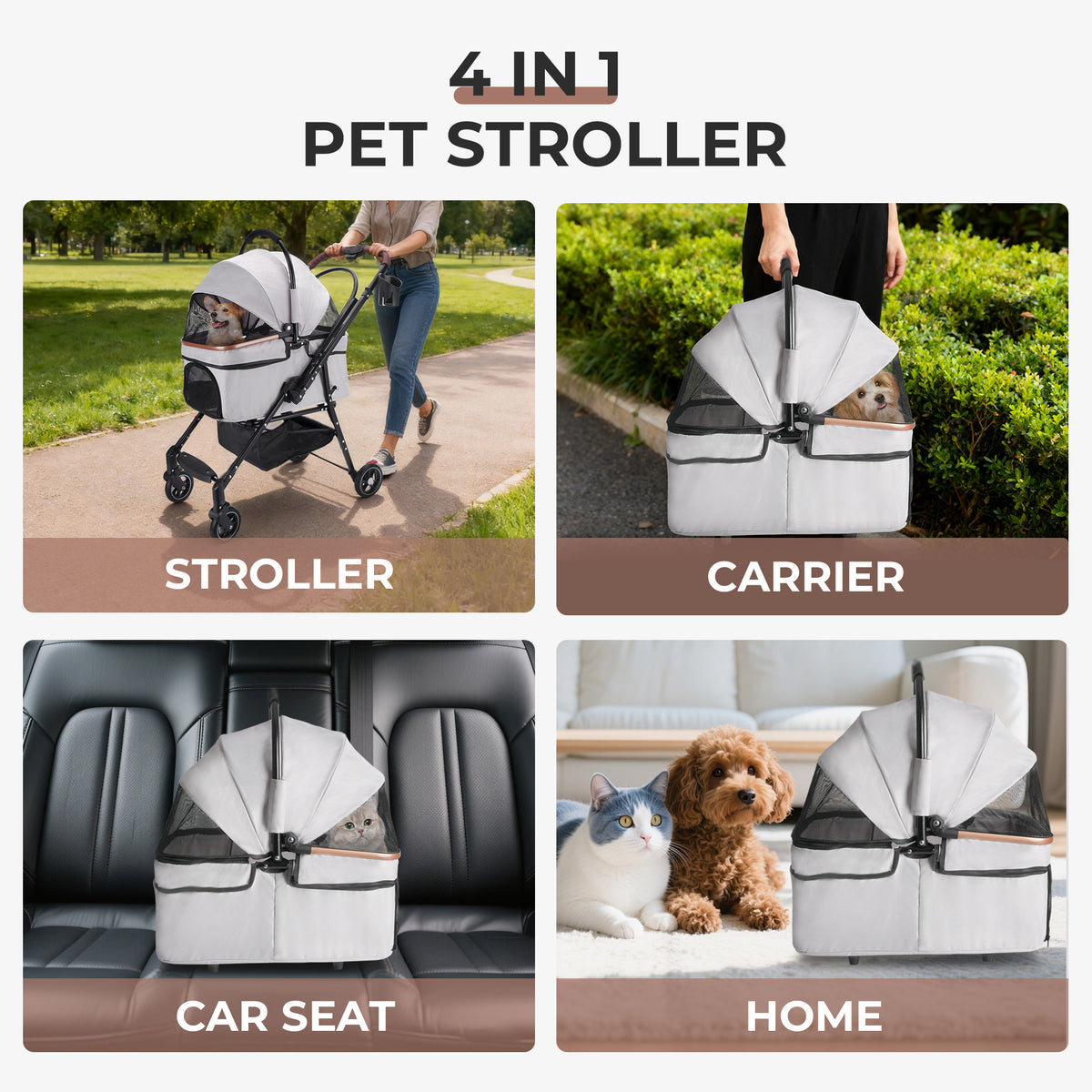 Poussette pliable 4 roues pour petits chiens et chats - 360 roues rotatives