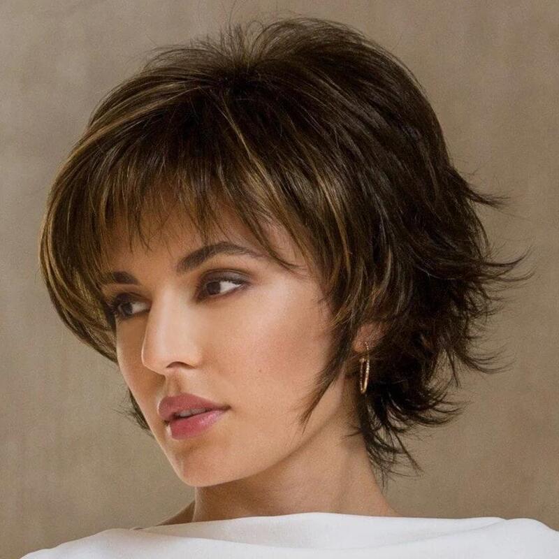 Volumineux Short Bangs Dark Brown Femmes Perruque avec court courbure vers l'extérieur