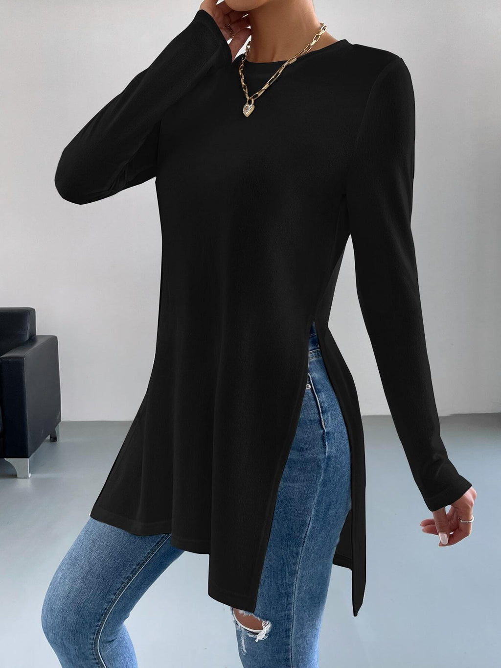 AliExpress Explosions Manches Longues Femme Top TEMU Semelles de couleur solide Split Long T-Shirt Wom