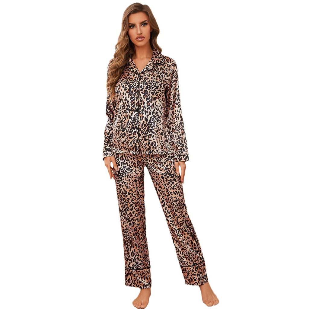 Leopard imprimé Lapel Viscose Haut à manches longues et pantalons Ensemble de deux pièces de lounge