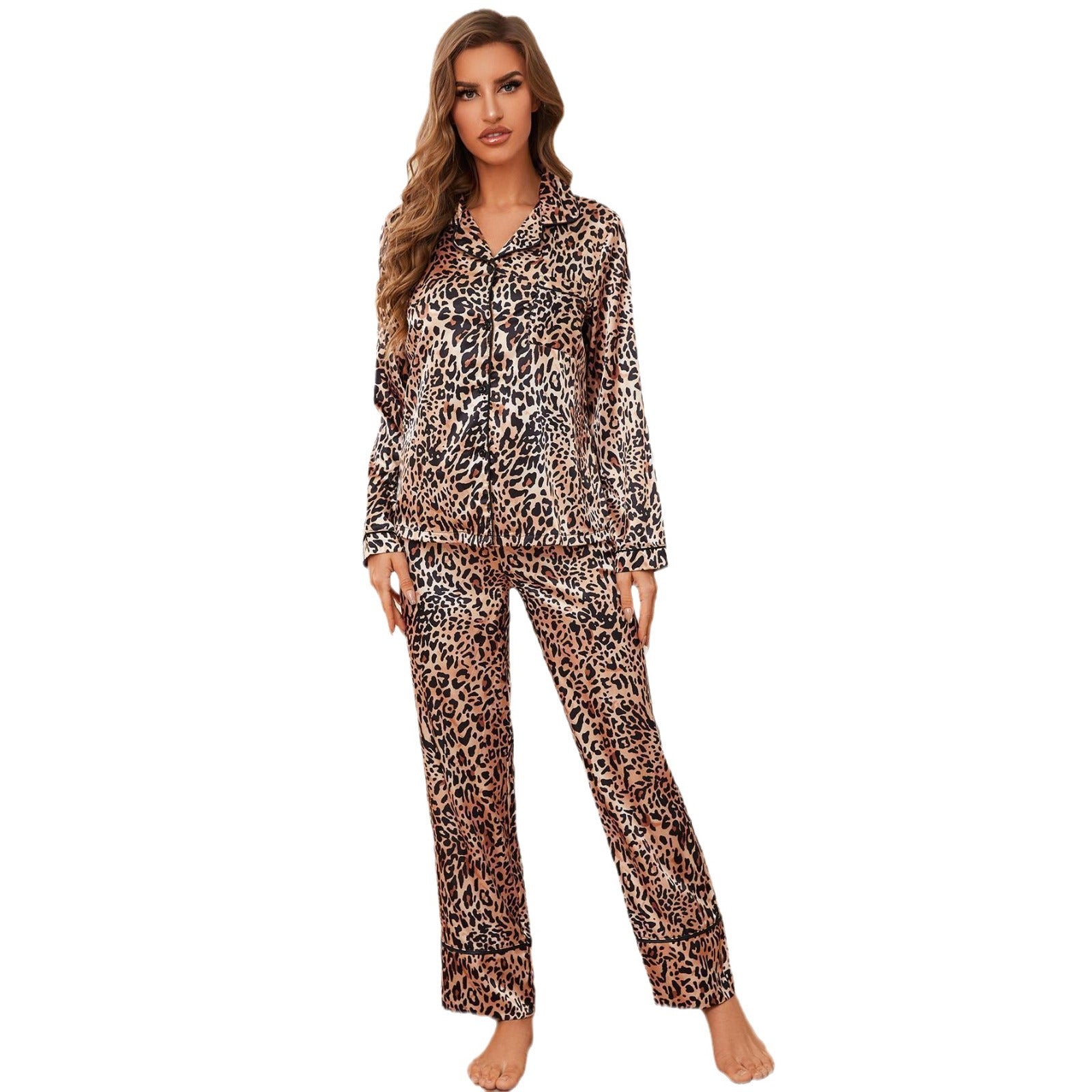 Leopard imprimé Lapel Viscose Haut à manches longues et pantalons Ensemble de deux pièces de lounge