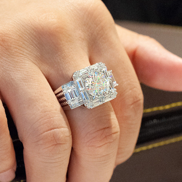 Moissanite Luxury T Square Ring 18K Platinum Gold Diamond Ring Ensemble complet avec petit diamant