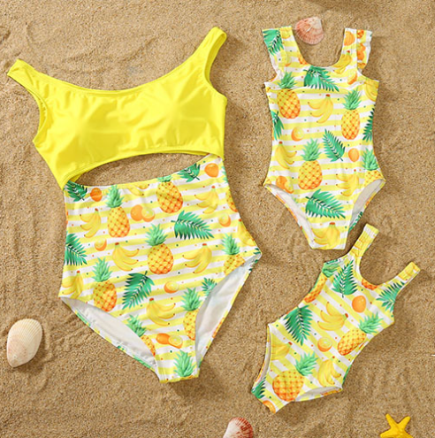 Maillot de bain parent-enfant Maternelle-fille Robe Couleur Solide Col V Une pièce
