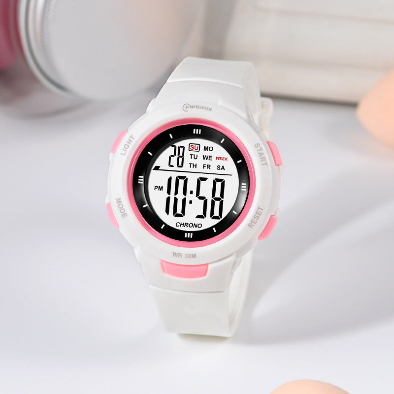 Fashion épingle boucle lumineuse imperméable PU strap Student Montre électronique