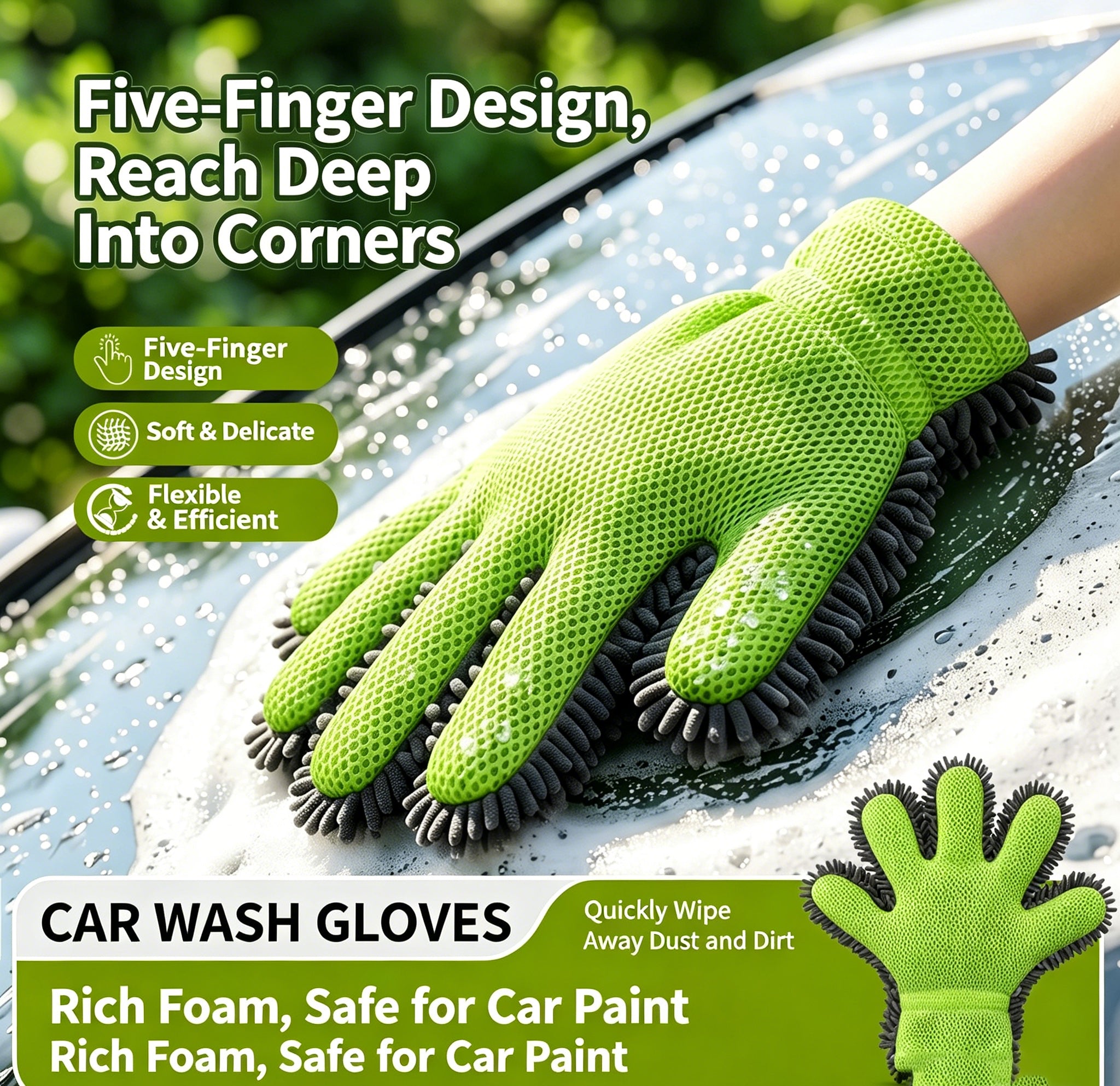 Gants de lavage de voiture à 5 doigts de Chenille épais