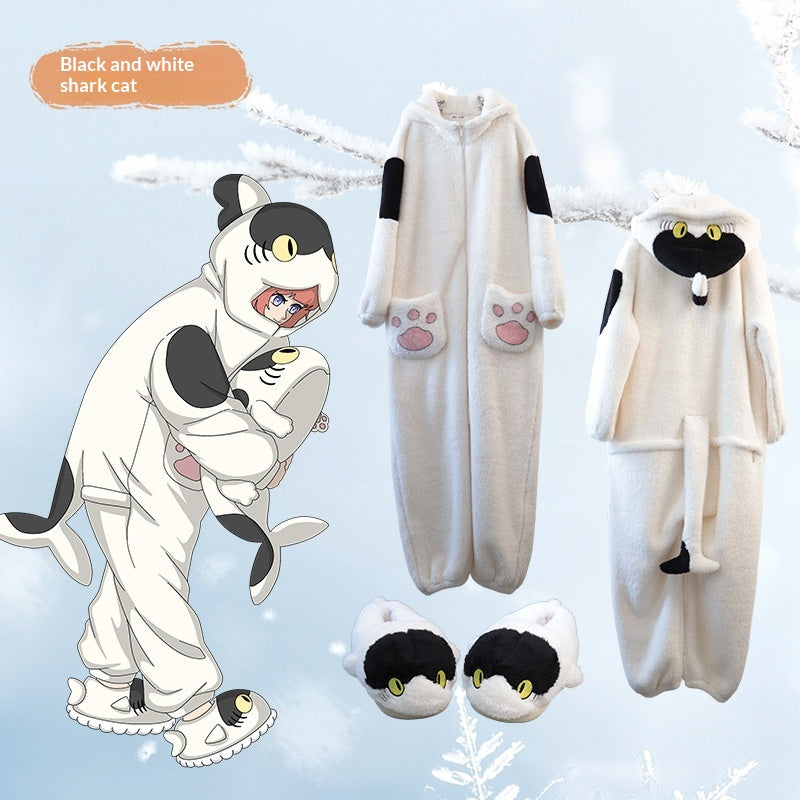 Anime Cartoon Funny Shark et Cat Onesie Pajamas Mignon Cozy Loungewear Set
