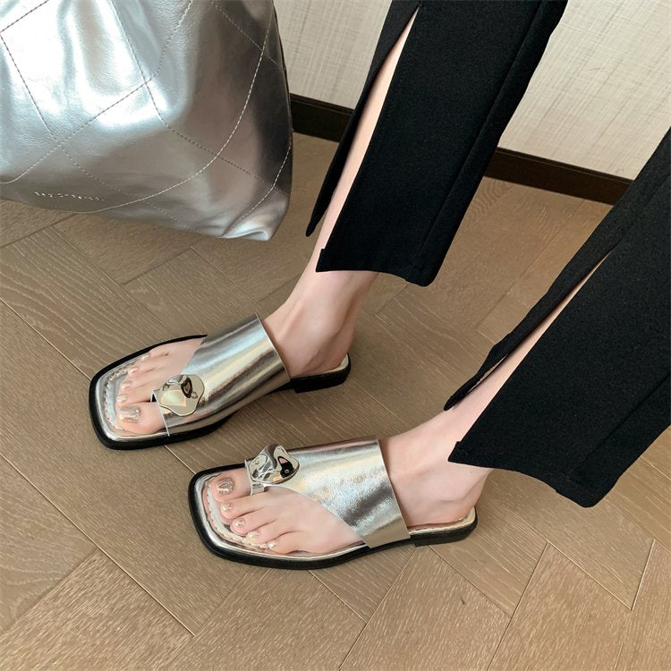 Femmes Minimalist Irrégulier métal Buckle Square Toe String Sandales coulissantes