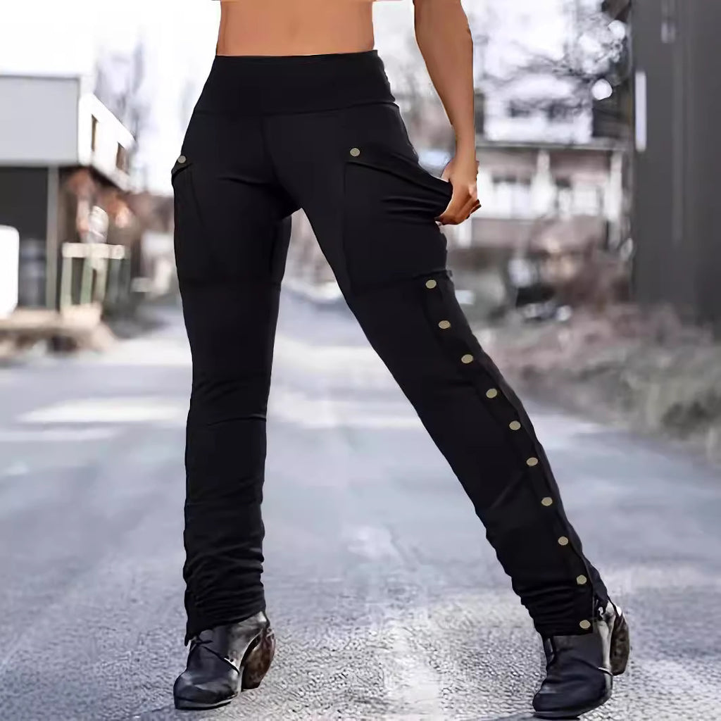 Femmes haute taille pantalons de fret stretch côté bouton Decor Flared Yoga pantalons avec poches Casu