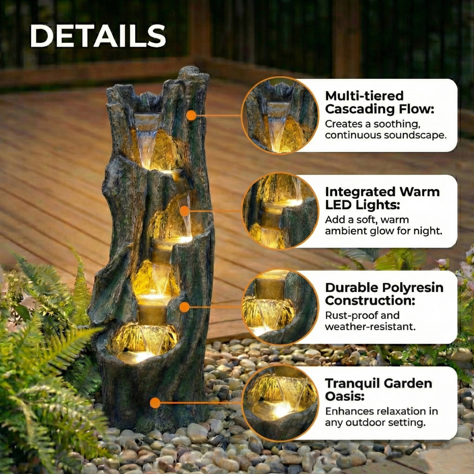 Fontaine de chute d'eau pour les jardins extérieurs et les jardins de patio comprend une LED L économe en énergie