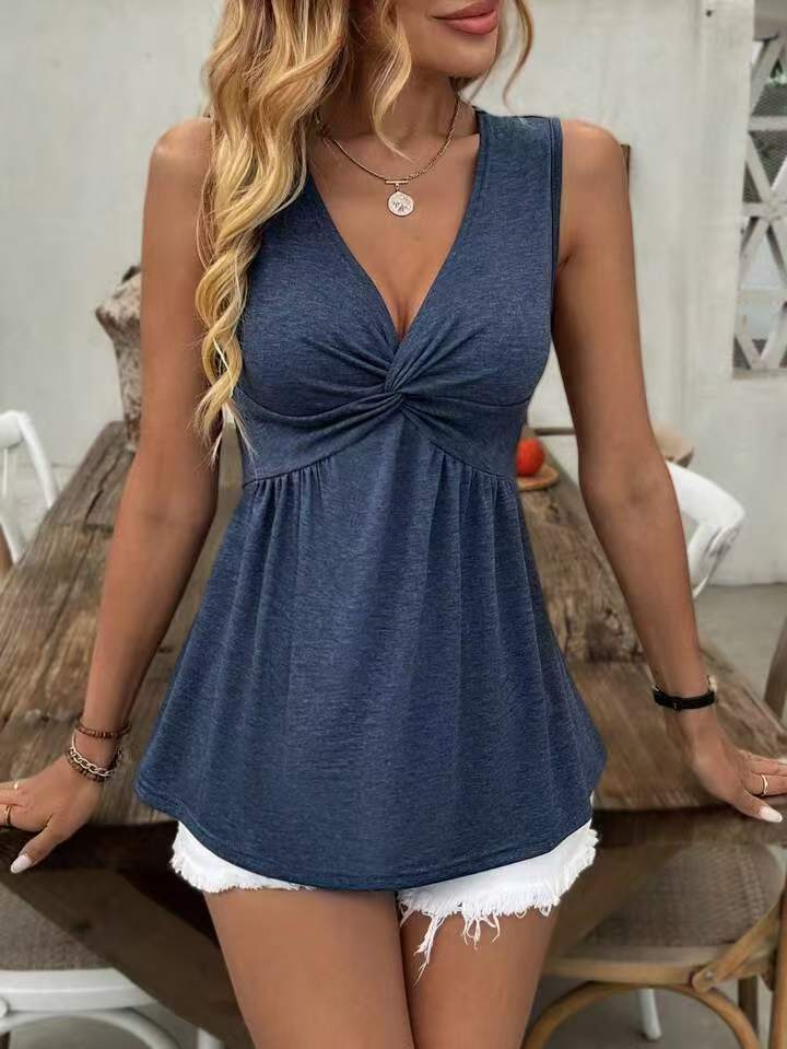 European And American Sleeveless V-neck Design avec une poitrine tordue et ridée