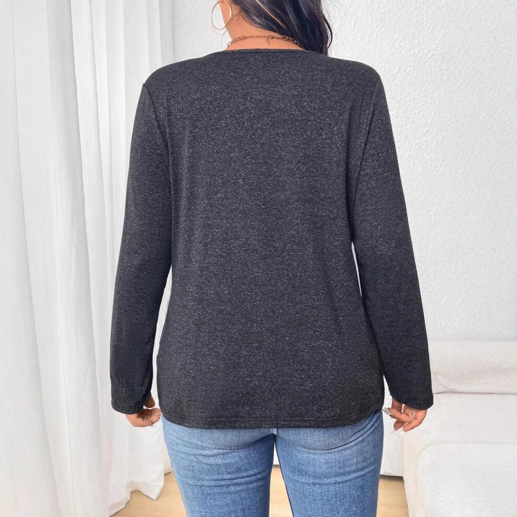 Top femme coton manches longues avec un col en V et un design croisé