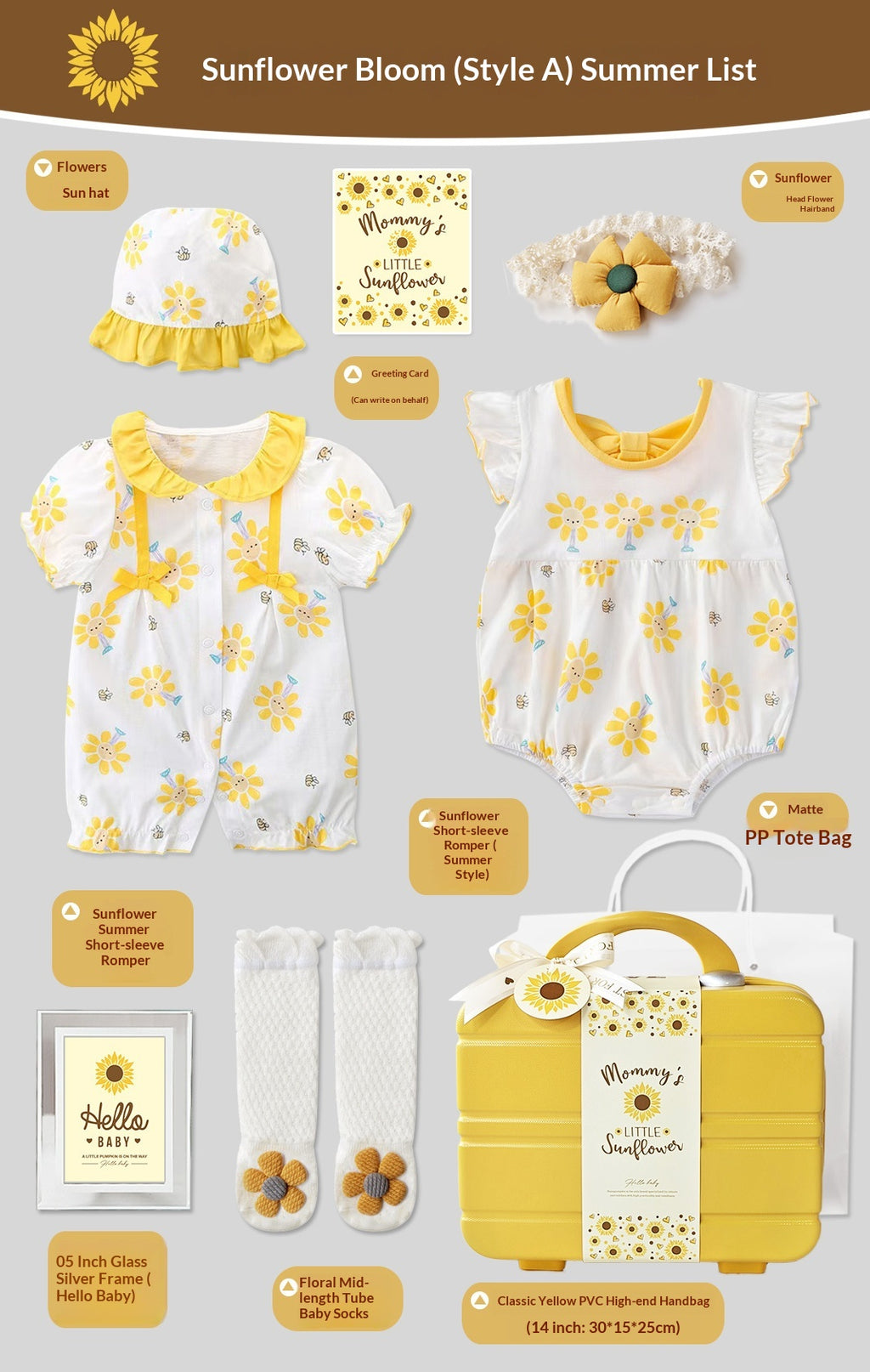 Ensemble cadeau bébé pour les nouvelles-nées avec une robe de tournesol jaune