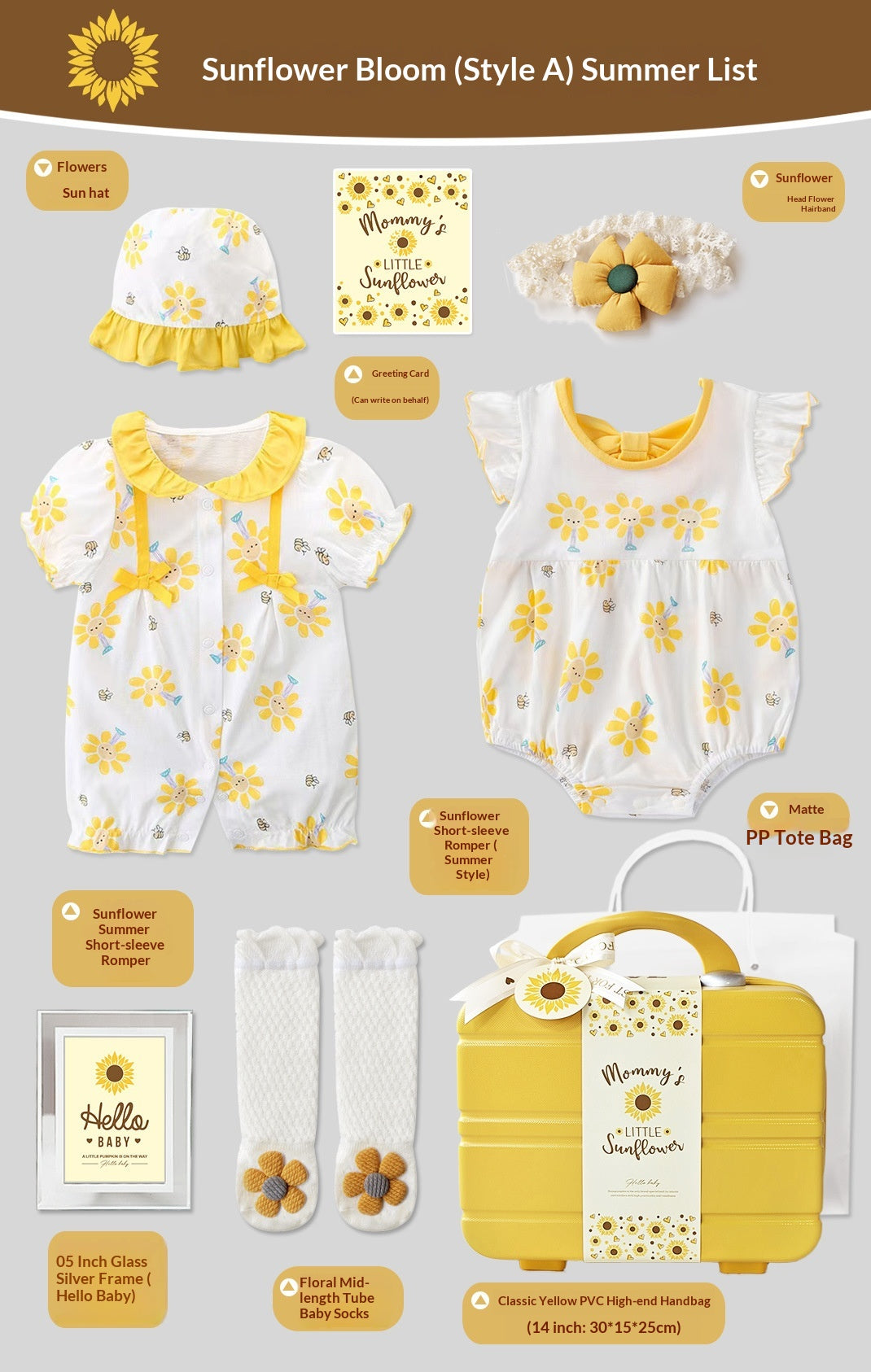 Ensemble cadeau bébé pour les nouvelles-nées avec une robe de tournesol jaune