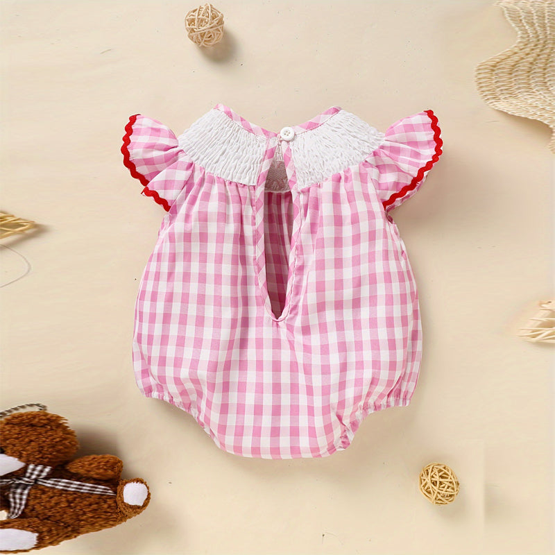 Broderie & Ruffle de coeur à carreaux de manches courtes de bébé fille avec le dos coupé- O