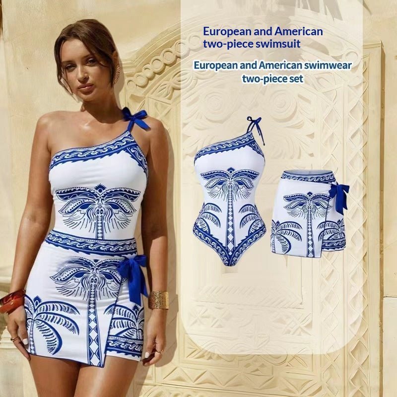 Sexy Une épaule imprimé une pièce maillot de bain avec un ensemble courte jupe deux pièces