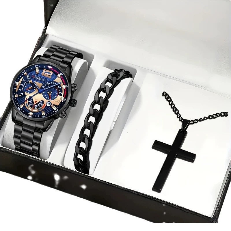 Men's Bracelet Cross Necklace and Watch Set