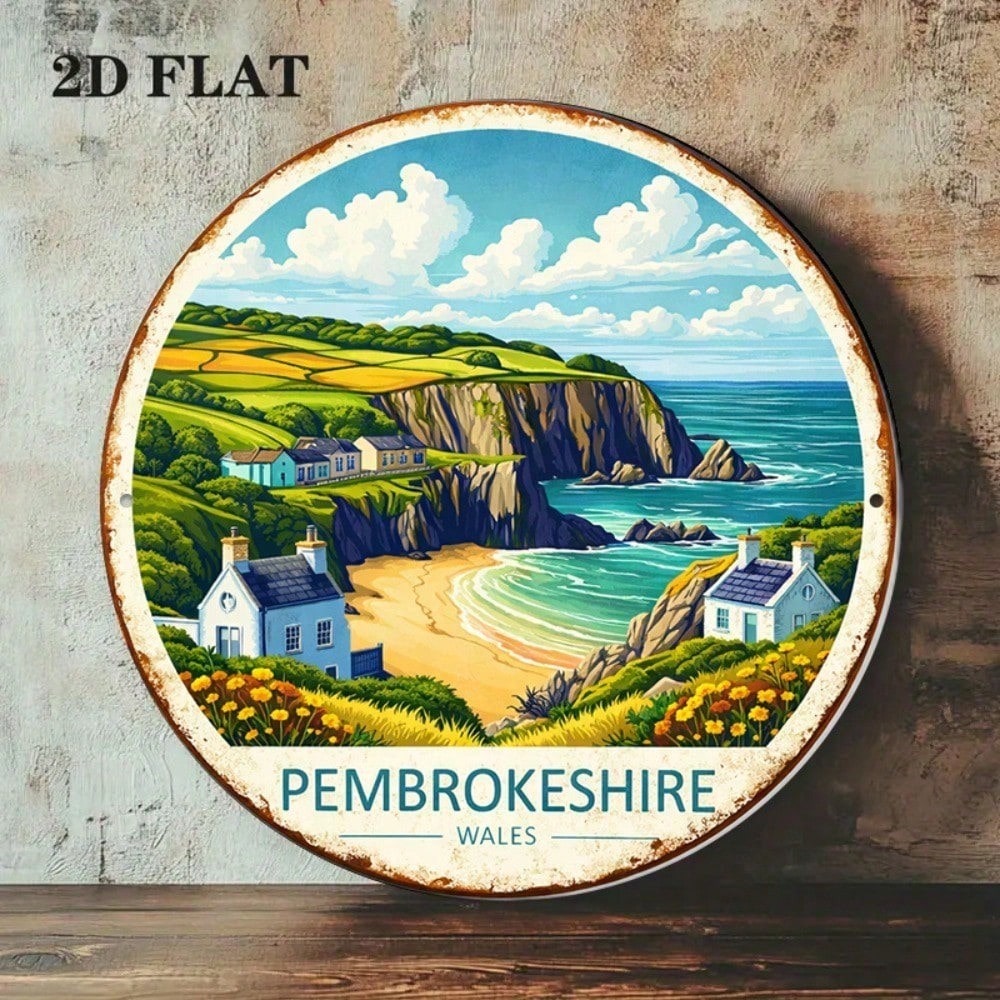 Pembrokeshire Wales Vintage Cottage Landmark Panneau mural rond